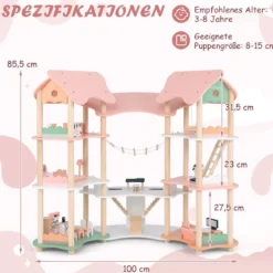 Kinder Puppenhaus aus Holz mit 32 Realistischen Möbelzubehörteilen & Dächern DIY Traumhaus