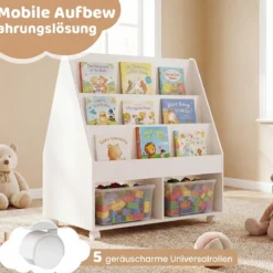 Kinderregal aus Holz Kinder Bücherregal mit Rollen & Kreidetafel Spielzeugregal mit 3 Regale & 2 Fächern Weiß