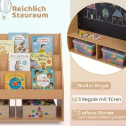 Kinderregal aus Holz Kinder Bücherregal mit Rollen & Kreidetafel Spielzeugregal mit 3 Regale & 2 Fächern
