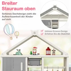 Kinderregal in Hausform mit Kleiderstange Kinder Bücherregal Spielzeugregal mit Regalen Grau