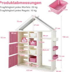 Kinderregal in Hausform mit Kleiderstange Kinder Bücherregal Spielzeugregal mit Regalen Rosa
