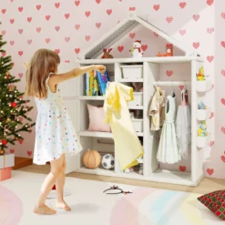 Kinderregal in Hausform mit Kleiderstange Kinder Bücherregal Spielzeugregal mit Regalen Weiß