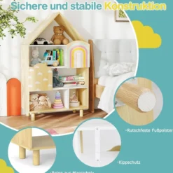 Kinderregal in Hausform mit 2 Türen & Massiven Holzbeine Kinder Bücherregal 4 Ebenen Natur