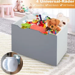 Kinderregal mit 3 Ablagen & Rollender Spielzeugkiste Kinder Bücherregal Grau + Weiß