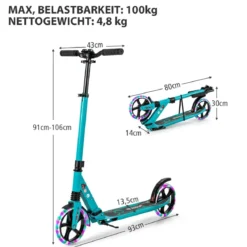Kinder Roller klappbar mit Leuchten Scooter höhenverstellbar mit Tragegurt