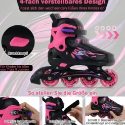 Kinder Rollschuhe 4 Größen Verstellbar Inline Roller Skates mit Leuchtenden Rädern Rosa M (EU 34-37)