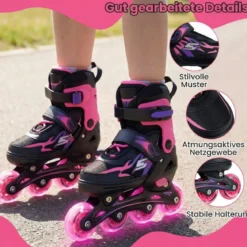 Kinder Rollschuhe 4 Größen Verstellbar Inline Roller Skates mit leuchtenden Rädern Rosa S (EU 30-33)