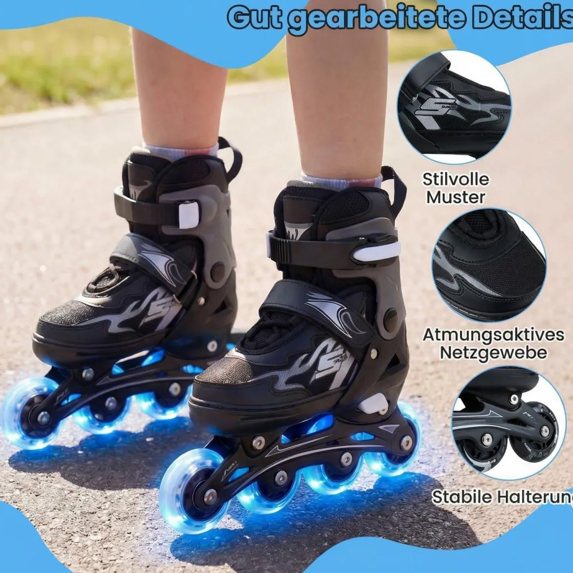 Kinder Rollschuhe 4 Größen Verstellbar Inline Roller Skates mit leuchtenden Rädern Grau S (EU 30-33)