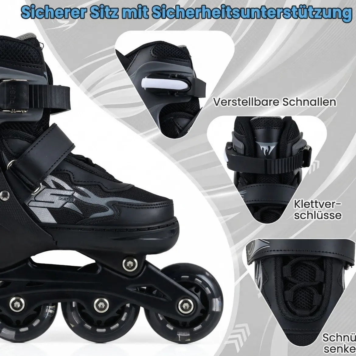 Kinder Rollschuhe 4 Größen Verstellbar Inline Roller Skates mit leuchtenden Rädern Grau S (EU 30-33)