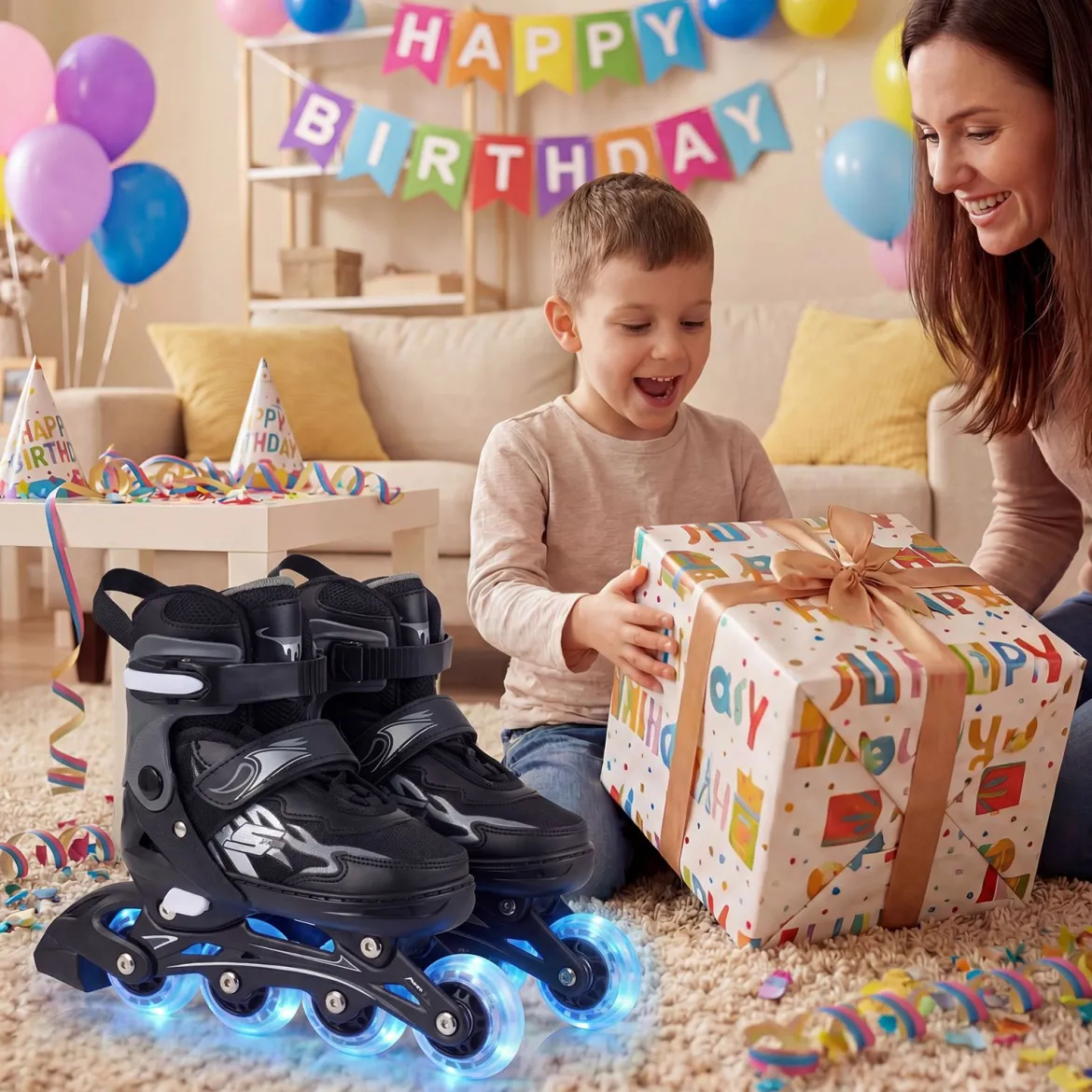Kinder Rollschuhe 4 Größen Verstellbar Inline Roller Skates mit leuchtenden Rädern Grau S (EU 30-33)