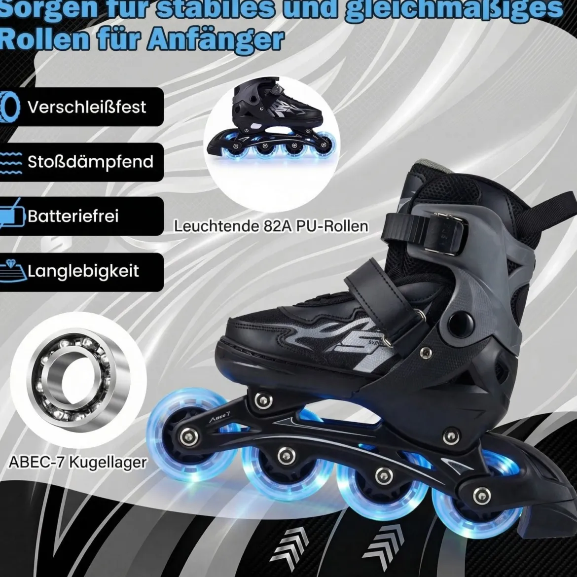 Kinder Rollschuhe 4 Größen Verstellbar Inline Roller Skates mit leuchtenden Rädern Grau S (EU 30-33)
