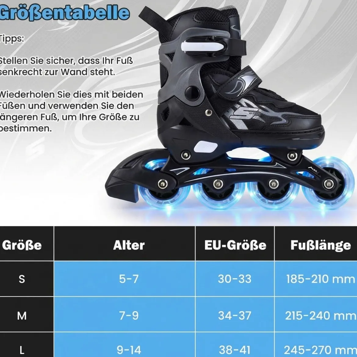 Kinder Rollschuhe 4 Größen Verstellbar Inline Roller Skates mit leuchtenden Rädern Grau S (EU 30-33)