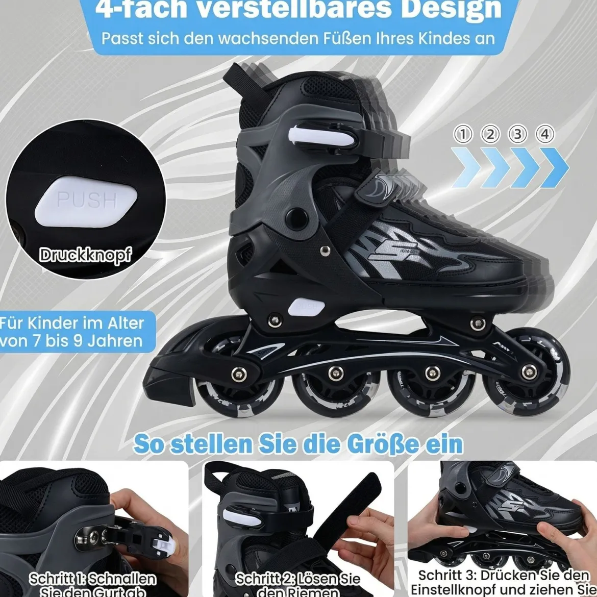 Kinder Rollschuhe 4 Größen Verstellbar Inline Roller Skates mit Leuchtenden Rädern Grau M (EU 34-37)