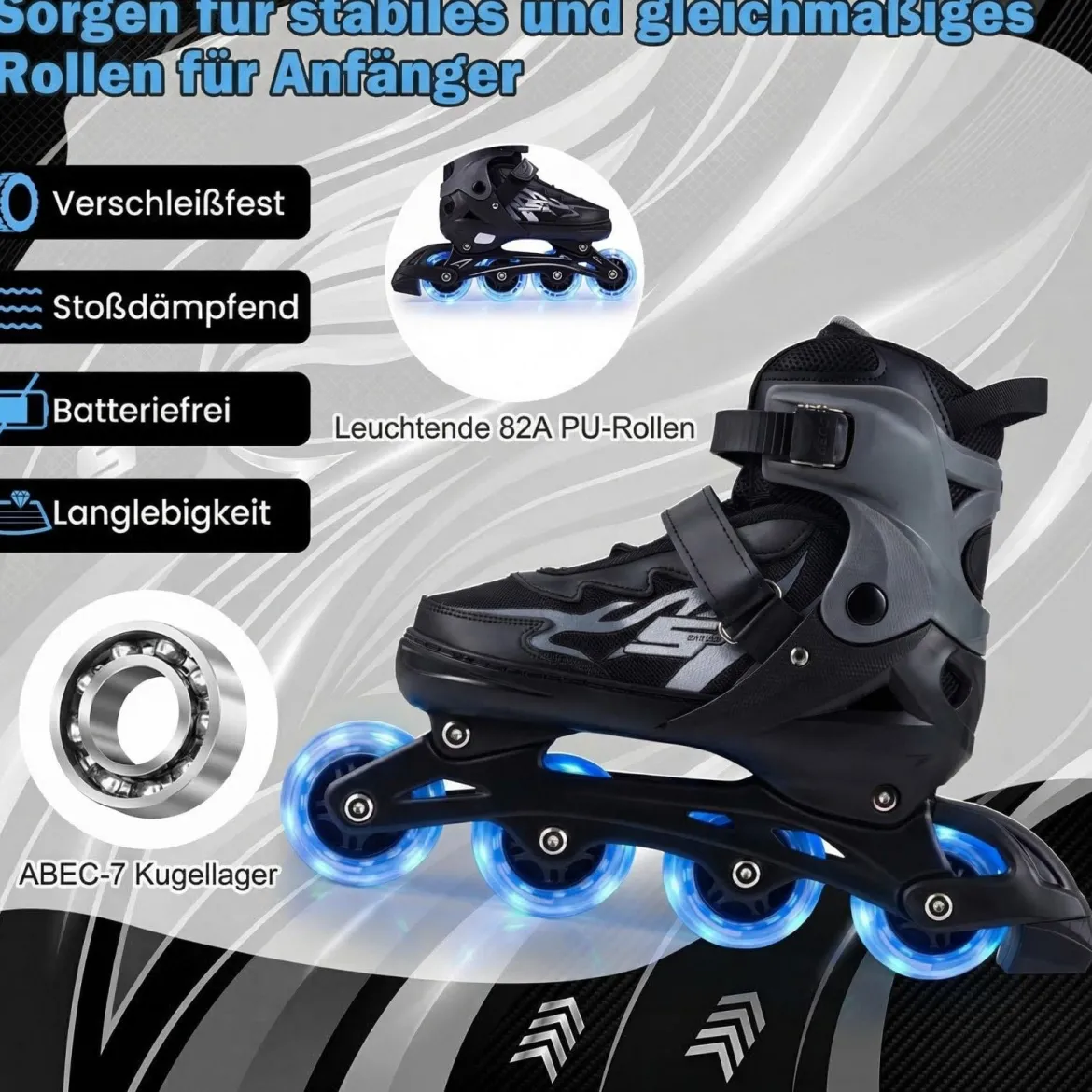 Kinder Rollschuhe 4 Größen Verstellbar Inline Roller Skates mit Leuchtenden Rädern Grau M (EU 34-37)