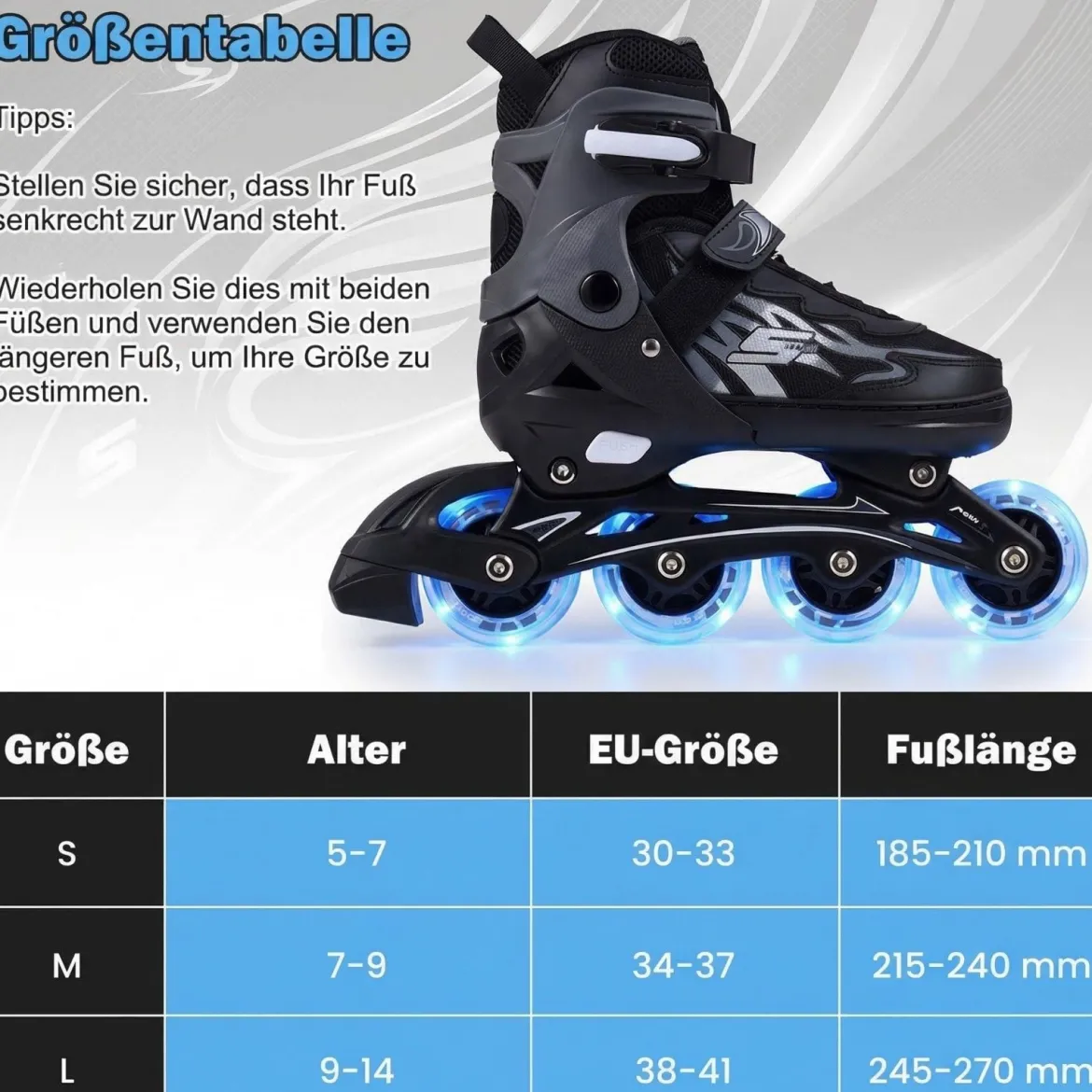 Kinder Rollschuhe 4 Größen Verstellbar Inline Roller Skates mit Leuchtenden Rädern Grau M (EU 34-37)
