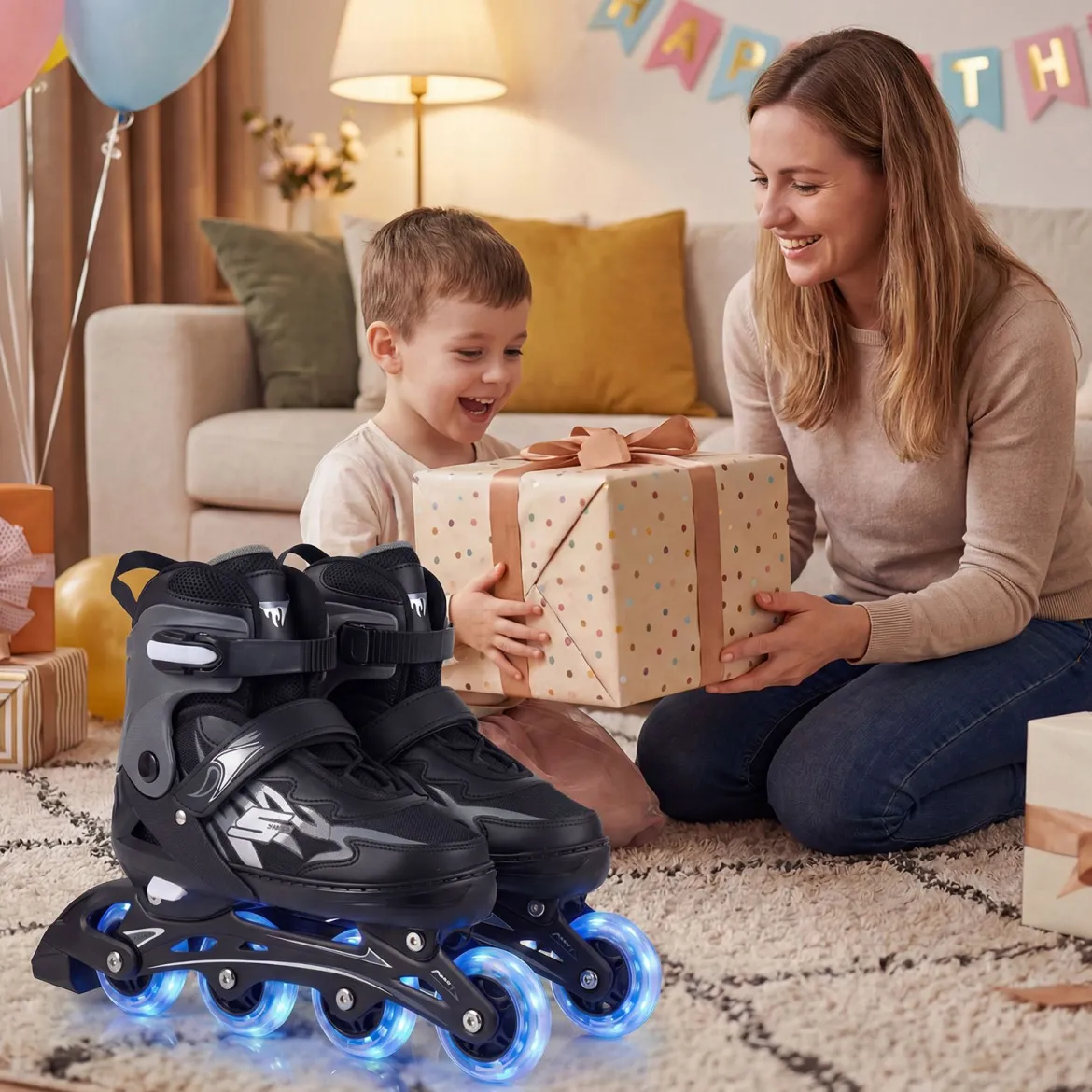 Kinder Rollschuhe 4 Größen Verstellbar Inline Roller Skates mit Leuchtenden Rädern Grau M (EU 34-37)