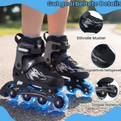 Kinder Rollschuhe 4 Größen Verstellbar Inline Roller Skates mit Leuchtenden Rädern Grau L (EU 38-41)