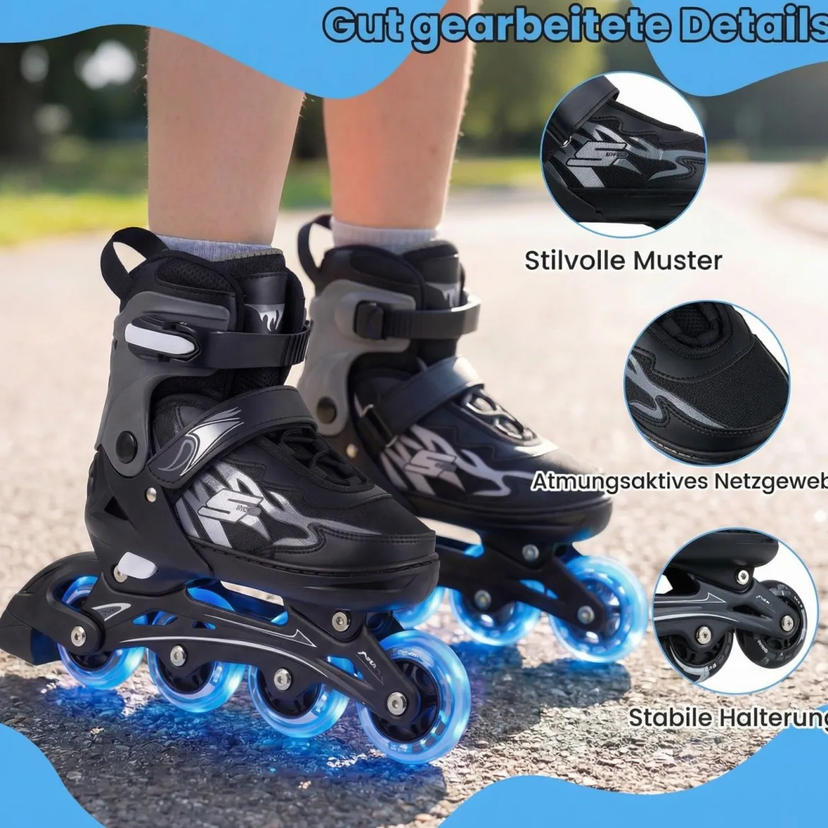 Kinder Rollschuhe 4 Größen Verstellbar Inline Roller Skates mit Leuchtenden Rädern Grau L (EU 38-41)