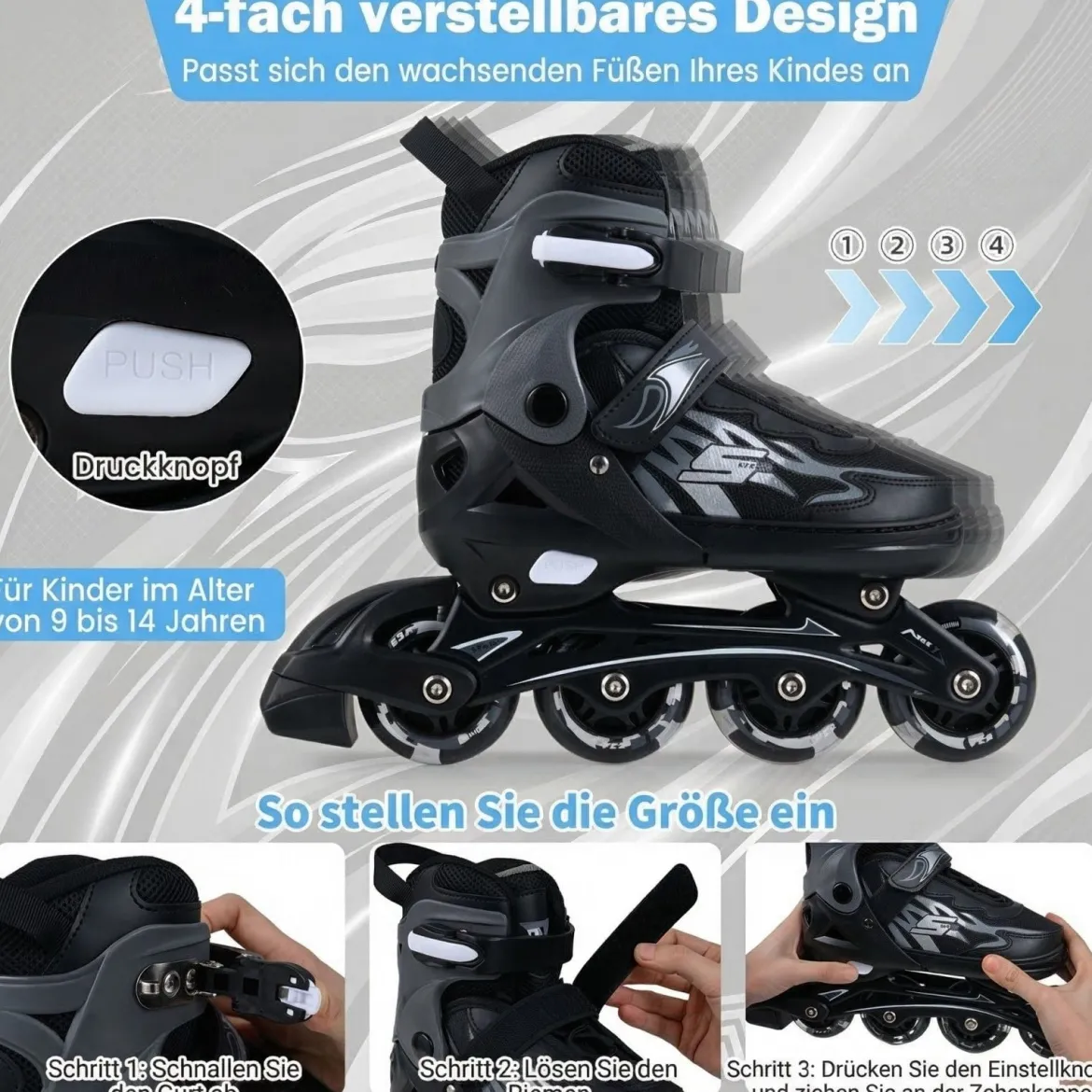 Kinder Rollschuhe 4 Größen Verstellbar Inline Roller Skates mit Leuchtenden Rädern Grau L (EU 38-41)