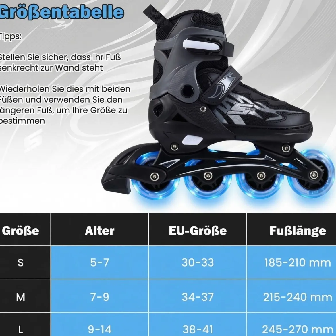 Kinder Rollschuhe 4 Größen Verstellbar Inline Roller Skates mit Leuchtenden Rädern Grau L (EU 38-41)