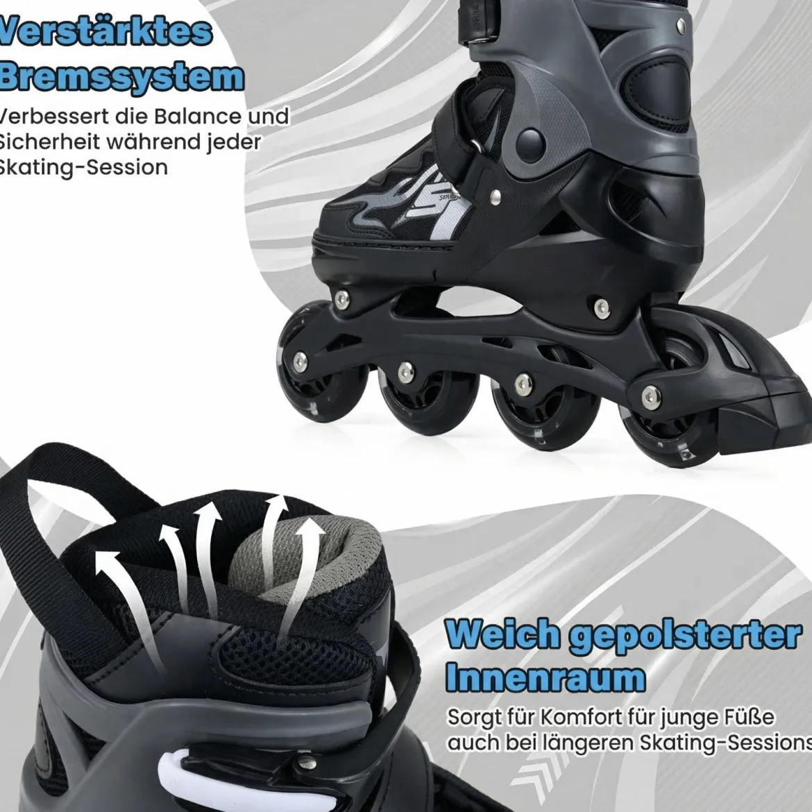 Kinder Rollschuhe 4 Größen Verstellbar Inline Roller Skates mit Leuchtenden Rädern Grau L (EU 38-41)