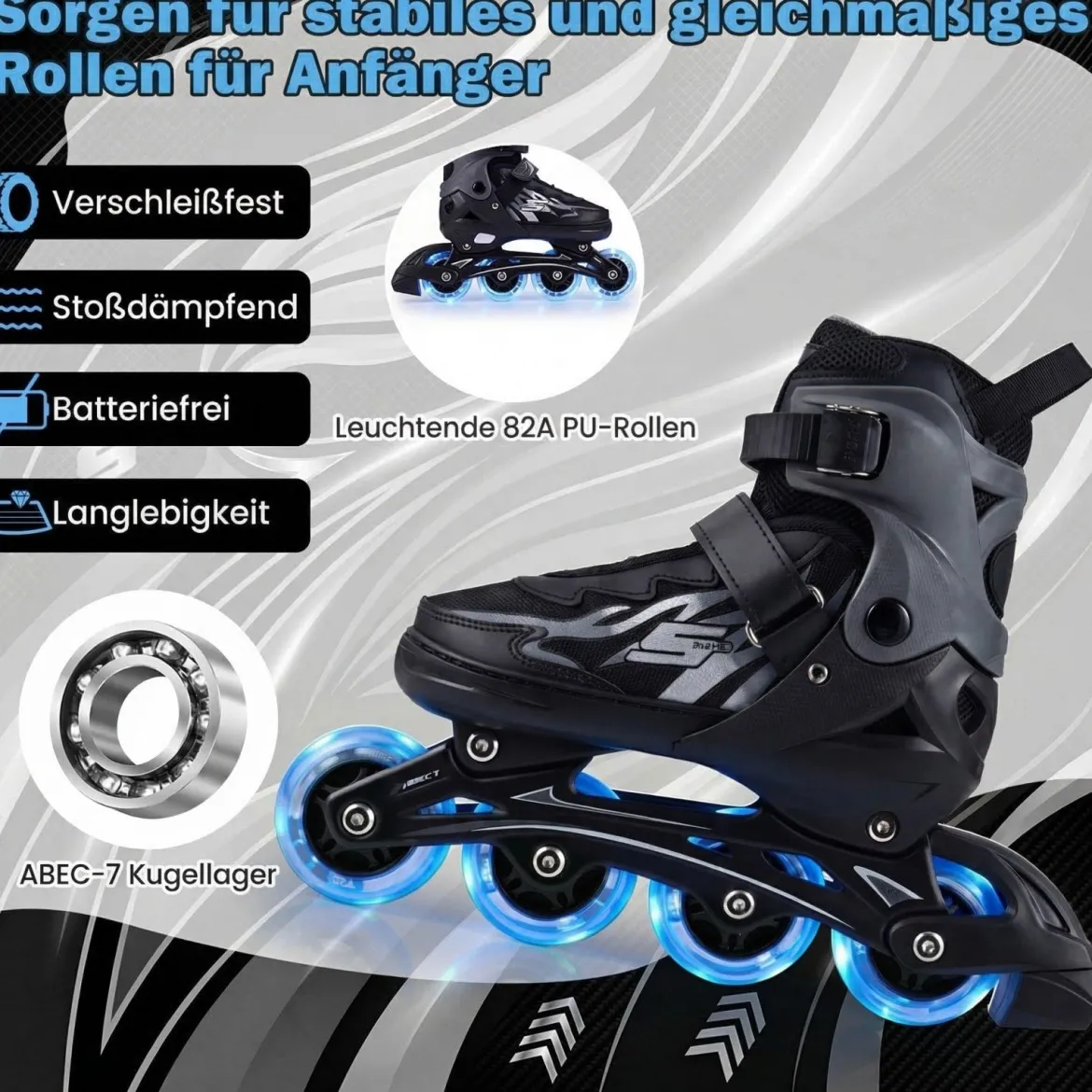 Kinder Rollschuhe 4 Größen Verstellbar Inline Roller Skates mit Leuchtenden Rädern Grau L (EU 38-41)