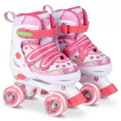 Kinder Rollschuhe Rollerskates mit 4 Größen Verstellbar und LED Rädern Rosa 30-33/34-37/38-41