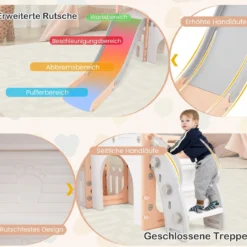 Kinder Rutsche 9 in 1 Kinderrutsche mit Basketballkorb Klettergerüst Tunnel Teleskop & Stauraum Rosa+Grau