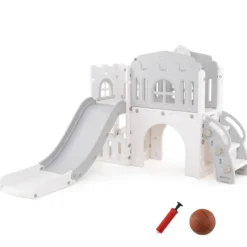 Kinder Rutsche 9 in 1 Kinderrutsche mit Basketballkorb Klettergerüst Tunnel Teleskop & Stauraum Grau