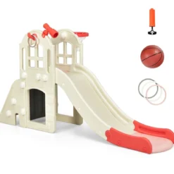 Kinderrutsche Kletterrutsche mit Basketballkorb Ball Ringwurf und Teleskop 189,5 x 83 x 98 cm Rosa