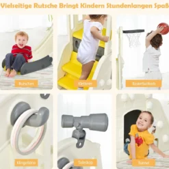 Kinderrutsche Kletterrutsche mit Basketballkorb Ball Ringwurf und Teleskop 189,5 x 83 x 98 cm Gelb
