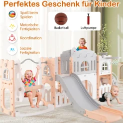 Kinder Rutsche mit Klettergerüst & Schaukel Rutschenset mit Schaukel Basketballkorb Teleskop Lenkrad Grau + Rosa