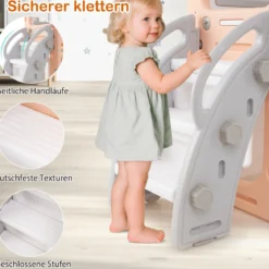 Kinder Rutsche mit Klettergerüst & Schaukel Rutschenset mit Schaukel Basketballkorb Teleskop Lenkrad Grau + Rosa
