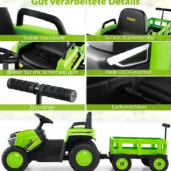 Kinder Rutsch-Traktor Elektrofahrzeug mit abnehmbaren Anhänger & Fernbedienung Rutschauto Grün