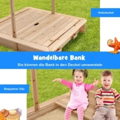 Kinder-Sandkasten Überdachter Sandkasten aus Holz mit 2 Umwandelbaren Sitzbänken