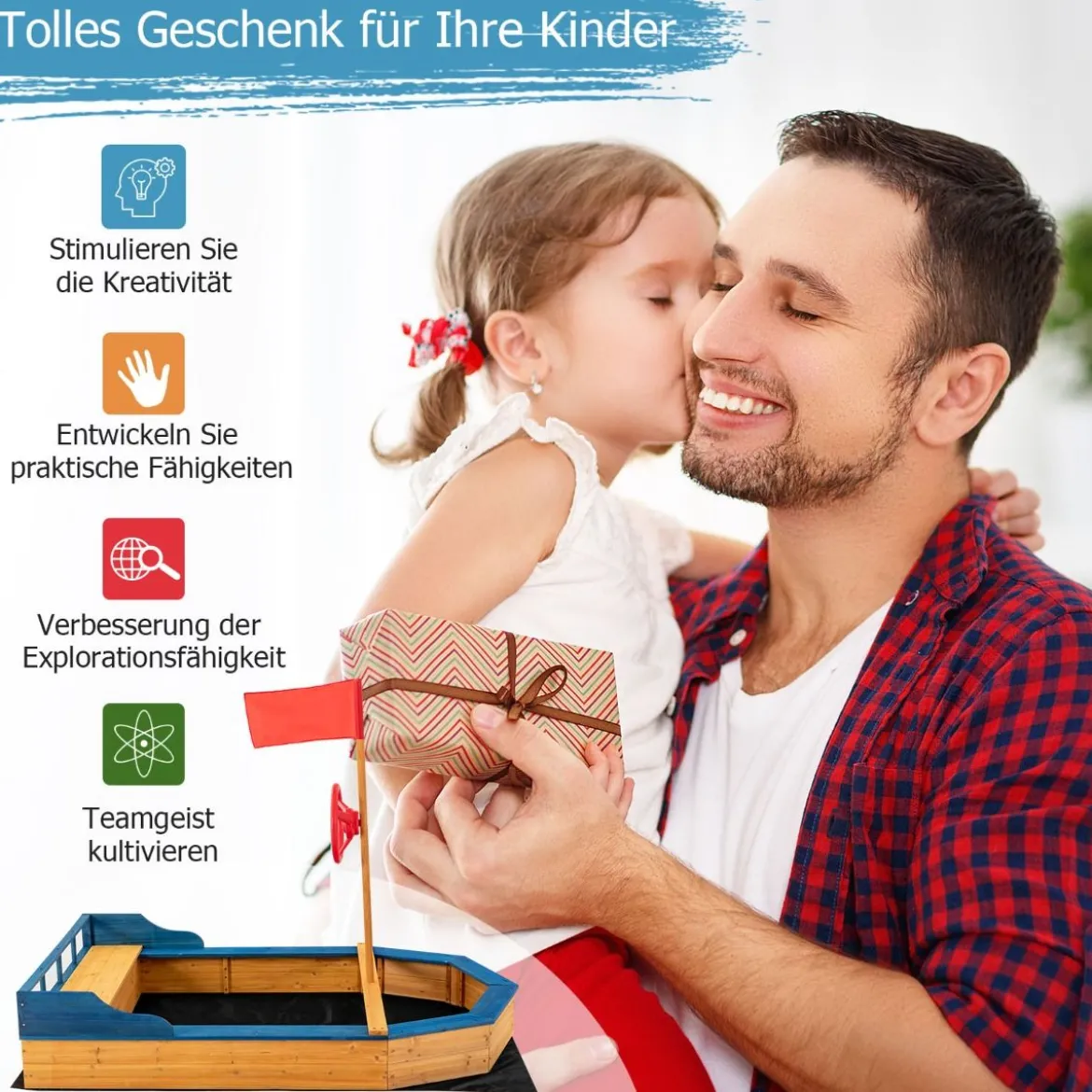 Kinder-Sandkasten Holz-Sandkasten in Piratenschiff-Optik mit Sitzbank und Flagge Holz-Piratenschiff Outdoor 171 x 100 x 130 cm