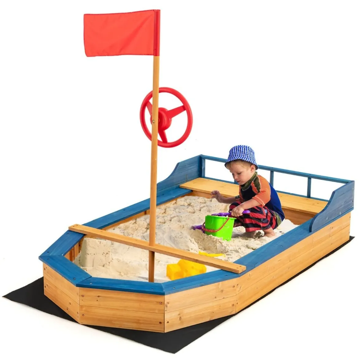 Kinder-Sandkasten Holz-Sandkasten in Piratenschiff-Optik mit Sitzbank und Flagge Holz-Piratenschiff Outdoor 171 x 100 x 130 cm