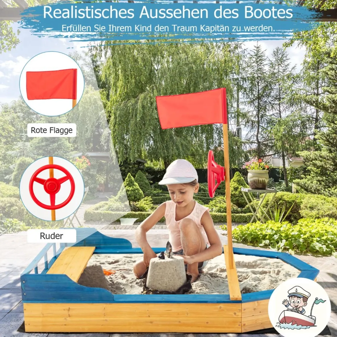 Kinder-Sandkasten Holz-Sandkasten in Piratenschiff-Optik mit Sitzbank und Flagge Holz-Piratenschiff Outdoor 171 x 100 x 130 cm