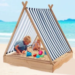 Kindersandkasten mit Abdeckung & 2 Sitzbänken Outdoor Holzsandkasten 124 x 123 cm
