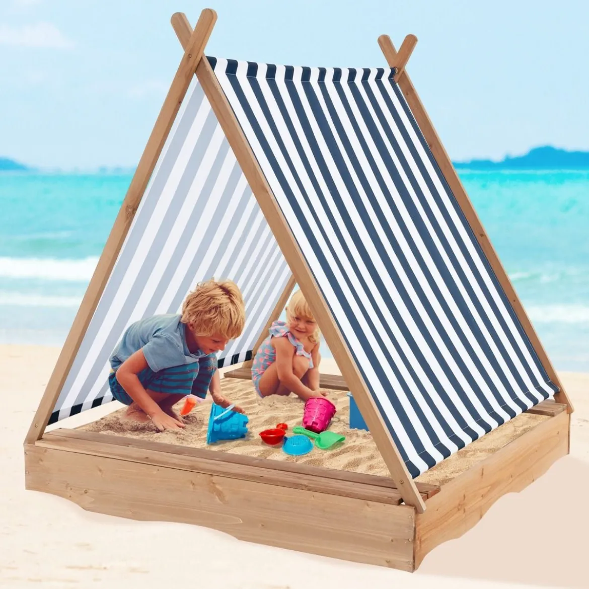 Kindersandkasten mit Abdeckung & 2 Sitzbänken Outdoor Holzsandkasten 124 x 123 cm
