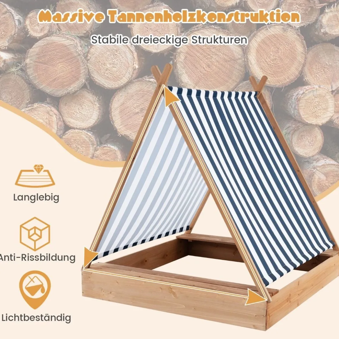 Kindersandkasten mit Abdeckung & 2 Sitzbänken Outdoor Holzsandkasten 124 x 123 cm