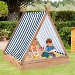 Kindersandkasten mit Abdeckung & 2 Sitzbänken Outdoor Holzsandkasten 124 x 123 cm