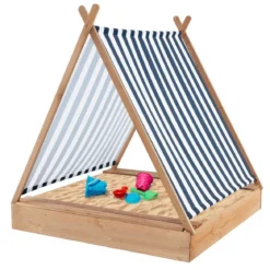 Kindersandkasten mit Abdeckung & 2 Sitzbänken Outdoor Holzsandkasten 124 x 123 cm