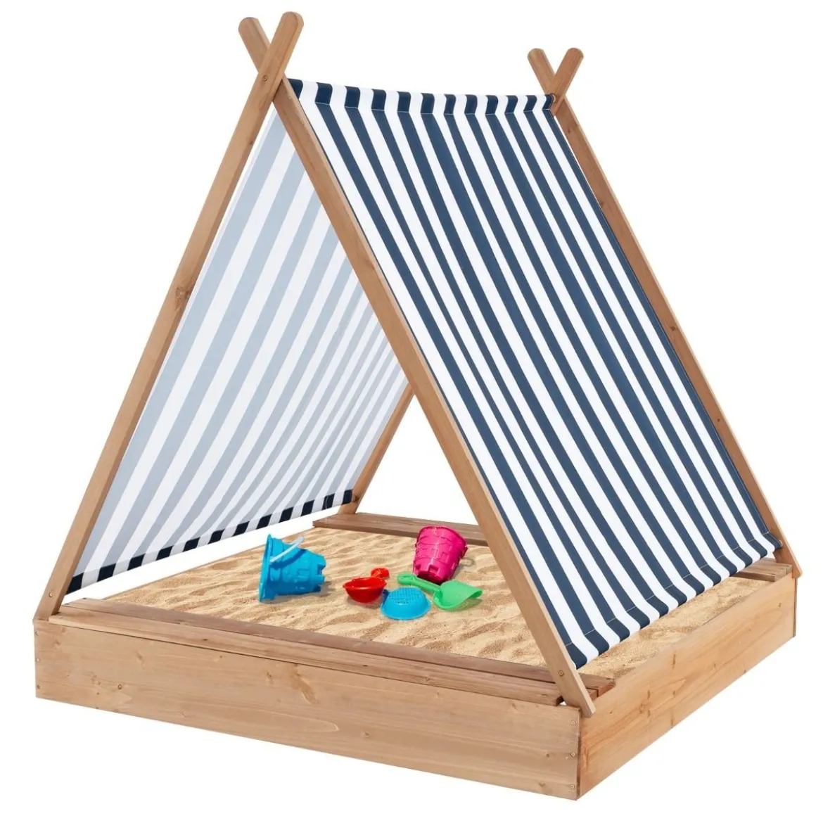 Kindersandkasten mit Abdeckung & 2 Sitzbänken Outdoor Holzsandkasten 124 x 123 cm