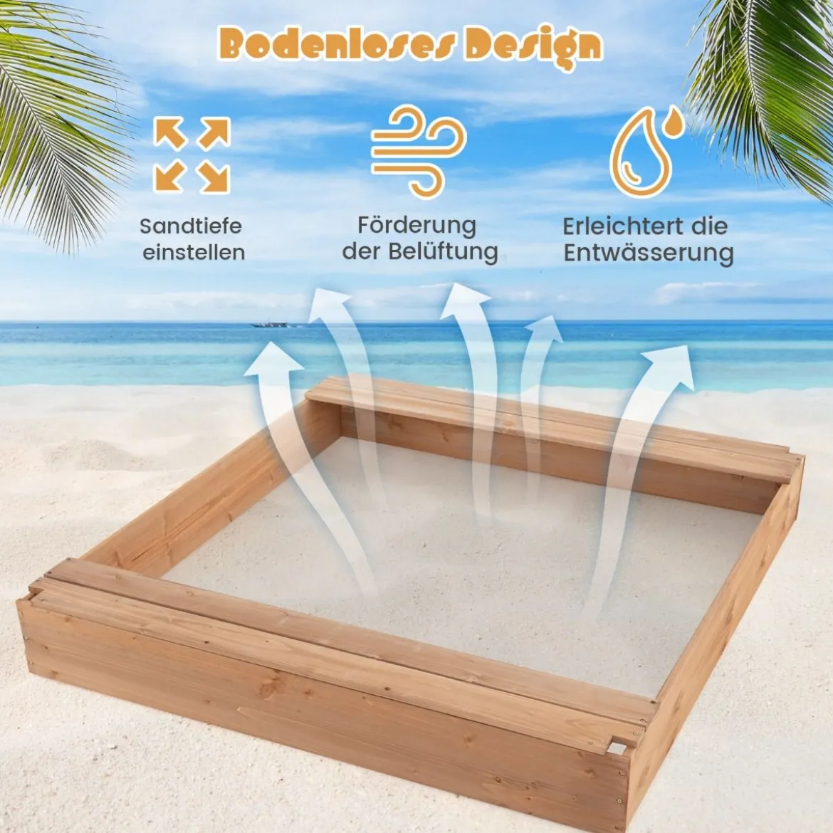 Kindersandkasten mit Abdeckung & 2 Sitzbänken Outdoor Holzsandkasten 124 x 123 cm