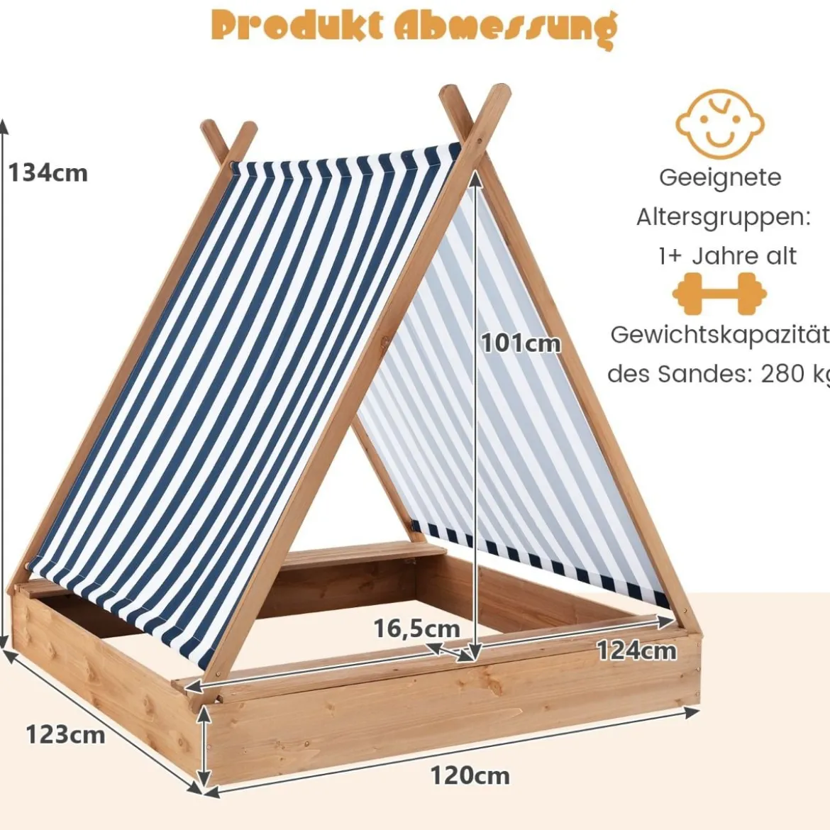 Kindersandkasten mit Abdeckung & 2 Sitzbänken Outdoor Holzsandkasten 124 x 123 cm