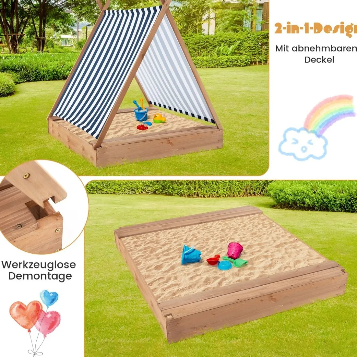 Kindersandkasten mit Abdeckung & 2 Sitzbänken Outdoor Holzsandkasten 124 x 123 cm