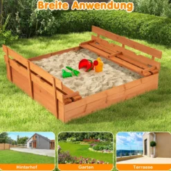 Kinder Sandkasten mit Sitzbänken Holz Sandkiste Sandbox mit Deckel & Bodenvlies 120 x 120 cm