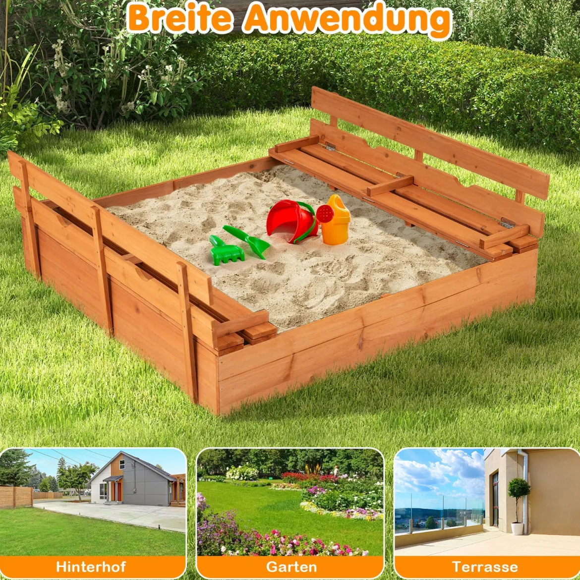 Kinder Sandkasten mit Sitzbänken Holz Sandkiste Sandbox mit Deckel & Bodenvlies 120 x 120 cm