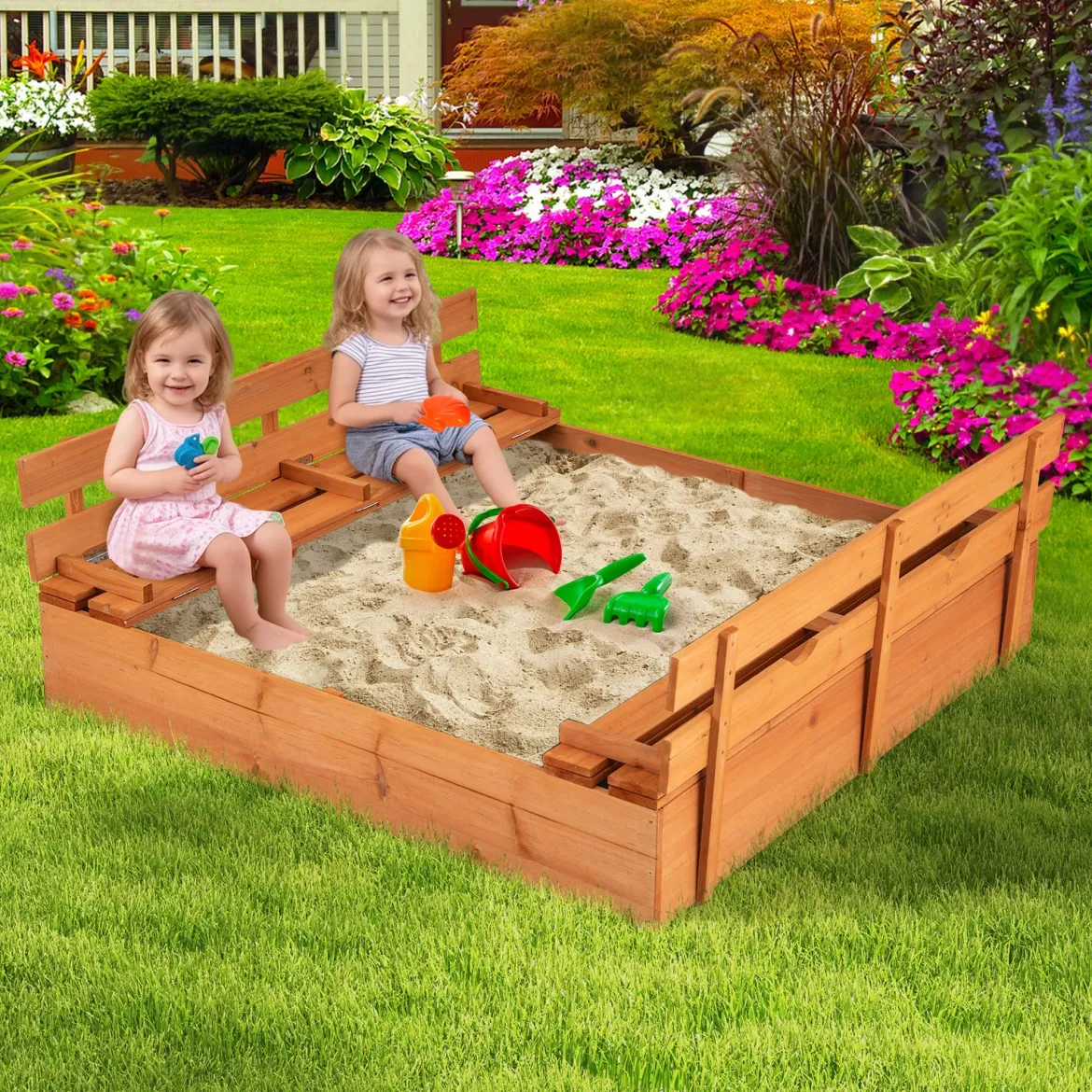 Kinder Sandkasten mit Sitzbänken Holz Sandkiste Sandbox mit Deckel & Bodenvlies 120 x 120 cm